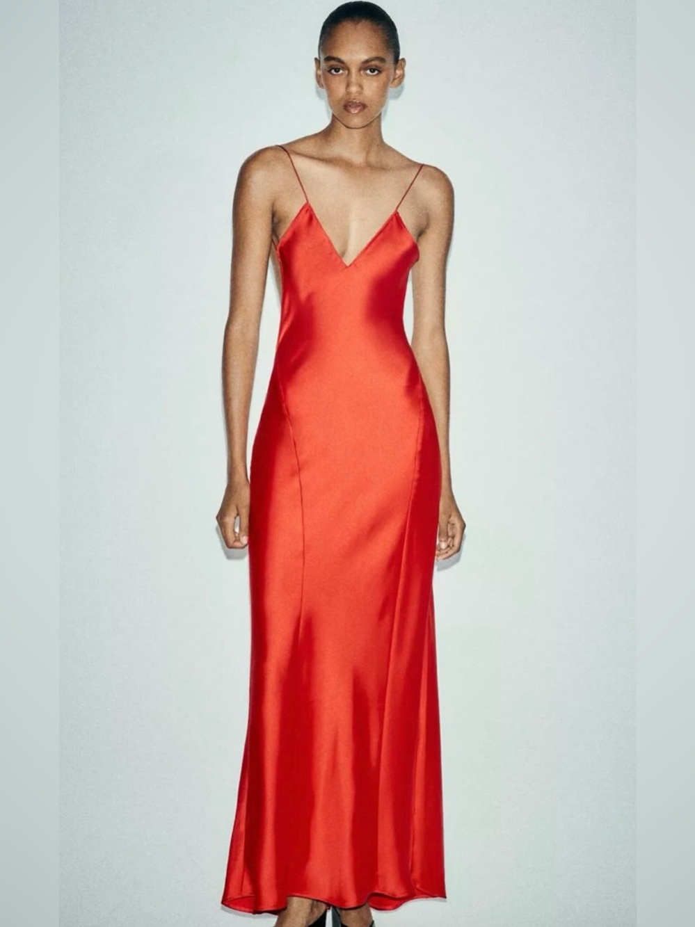 NWT ZARA Red Satin Slip Maxi Dress - Elegant V-Neck Spaghetti Strap